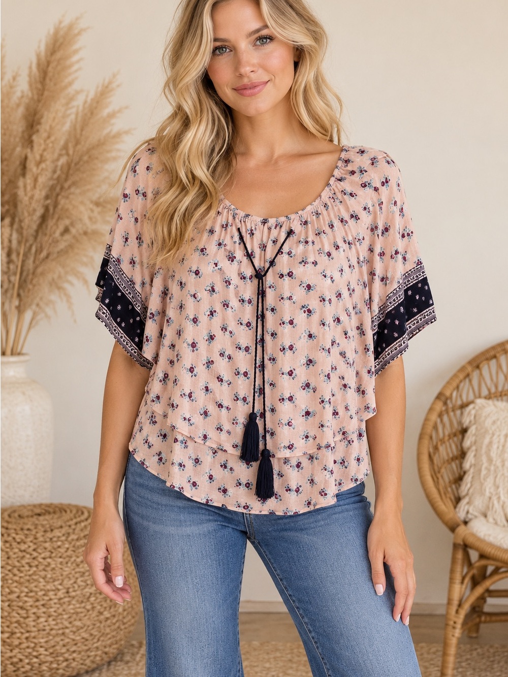Boho Floral Peasant Top in Cream with Navy Trim